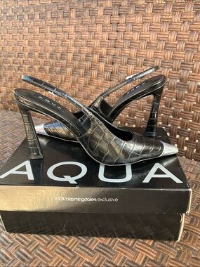 Aqua Black Croc-Embossed Slingback Heels with Silver Toe Cap